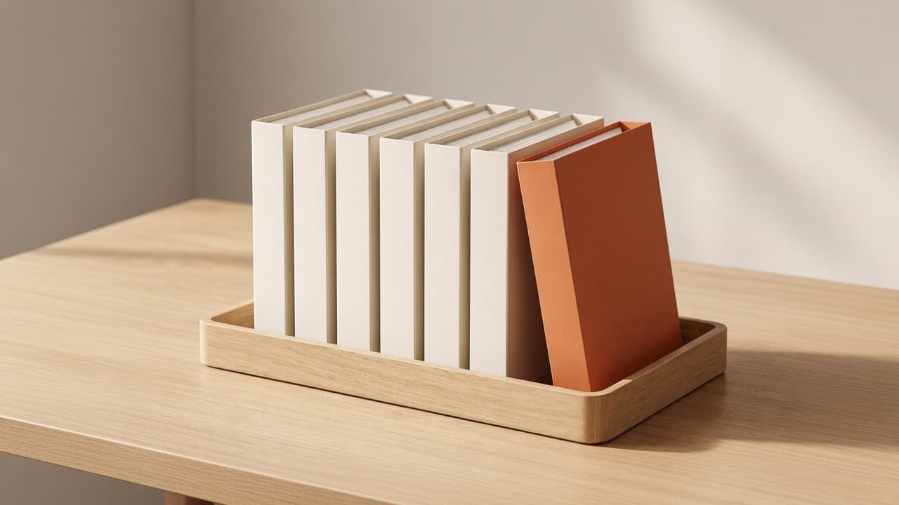White folders standing upright in an oak desk tray, with one terracotta orange folder tilted forward out of the row